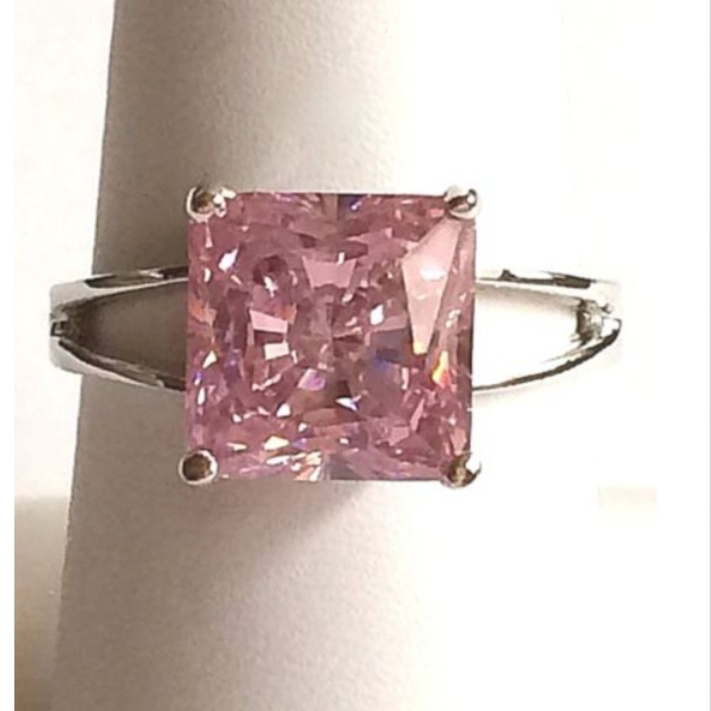 Silver Pink Cubic Zirconia Cocktail Ring Size  6 9 10 Princess cut Rhodium Plate - Picture 4 of 8